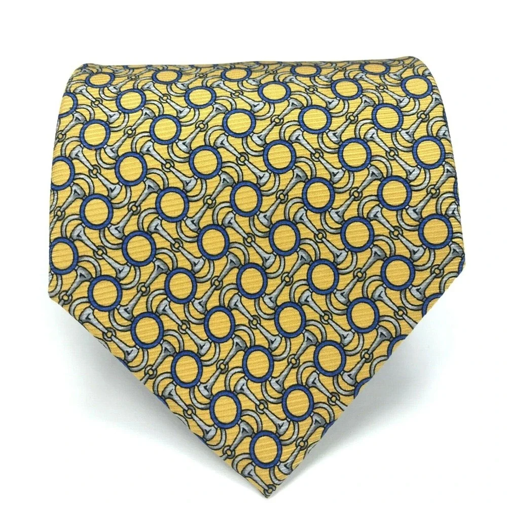 Brooks Basics Pure Silk Yellow Tie Silver Bridle Bits Blue Circles Men's Necktie